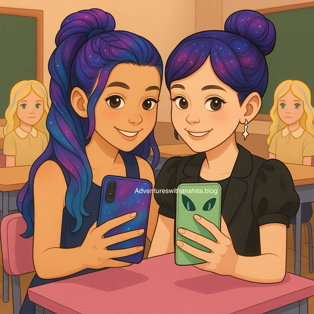 Two cheerful girls aged around 10, sitting at a pink classroom desk, taking a selfie together. Both have galaxy-colored hair — one in a half-braid ponytail and the other in a neat bun with sparkly tinsels — smiling brightly while holding colorful phones. Two identical blonde classmates sit behind them in a warm, magical school setting. Adventures with Anahita, Questa Elementary School