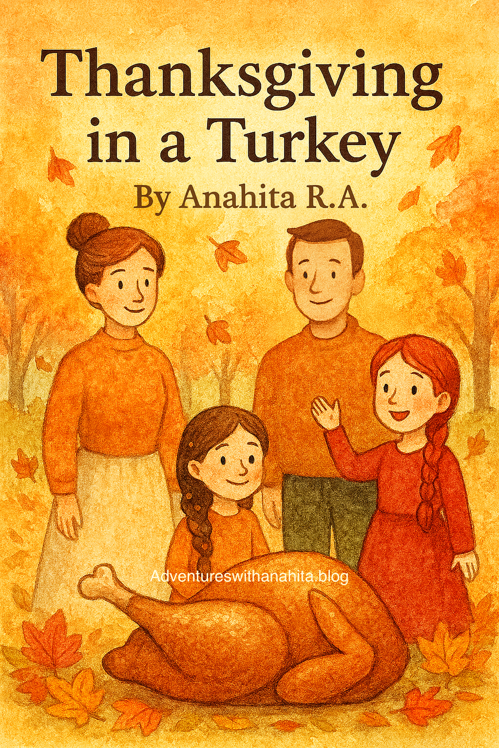 A warm autumn scene showing Pecan Pie, a 10-year-old girl with chestnut braids, looking out the window of her family’s three-story home. Outside, her twin sister Apple Pie and Momma Pie rake orange and yellow leaves under maple trees. The setting has a cozy fall atmosphere with soft golden afternoon lighting.