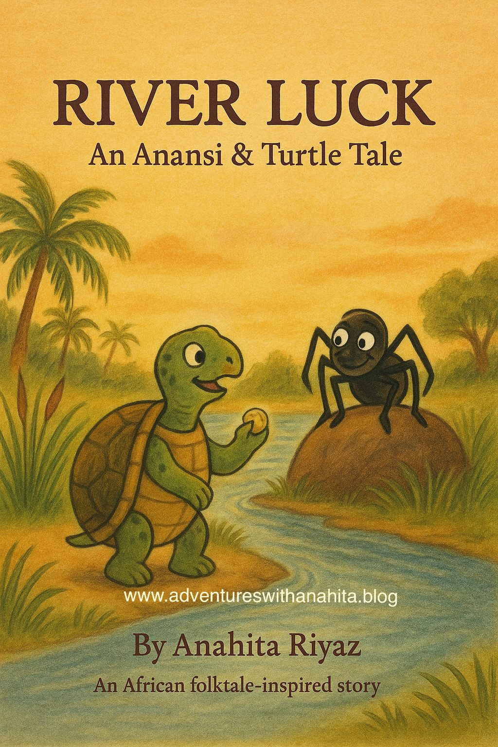 Illustration of Anansi the spider and Turtle arguing in a village scene from the children’s storybook River Luck.