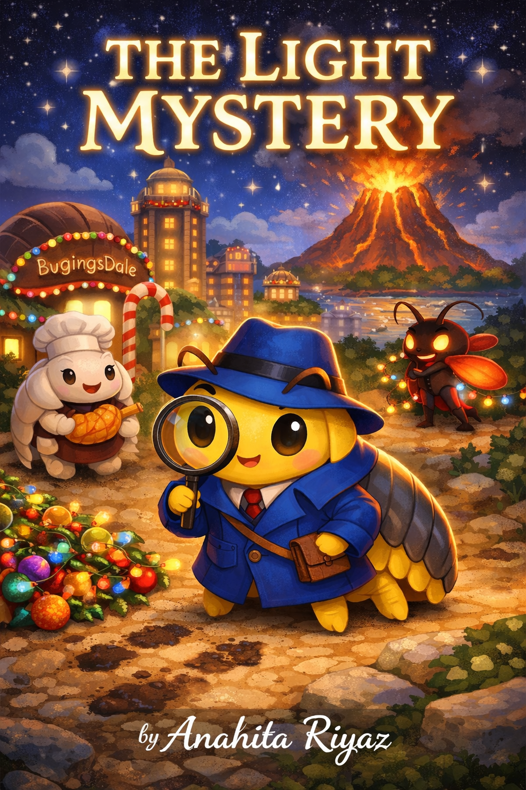 Cover illustration of The Light Mystery, a festive children’s mystery story featuring Yellow Poly the roly-poly detective in Rubber Ducky Isopod City. Anahita Riyaz Ahmed. Adventures with Anahita.