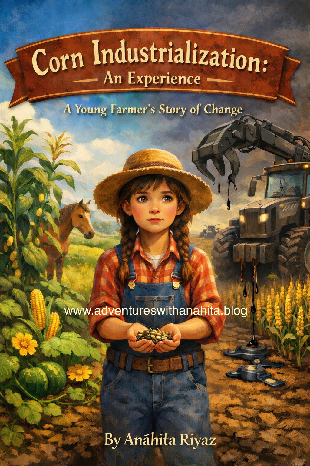 Illustration of a young girl farmer holding seeds, standing between traditional Three Sisters crops and industrial farming machinery, symbolizing the choice between sustainable and monoculture farming. Adventures with Anahita