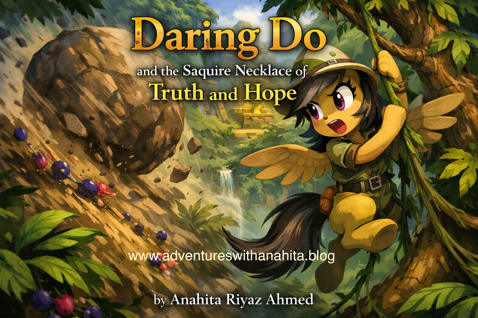 Illustration of Daring Do, an adventurous pegasus, clinging to a tree in a jungle as a boulder falls during her quest for the Saquire Necklace of Truth and Hope. Anahita Riyaz Ahmed, Questa Elementary School