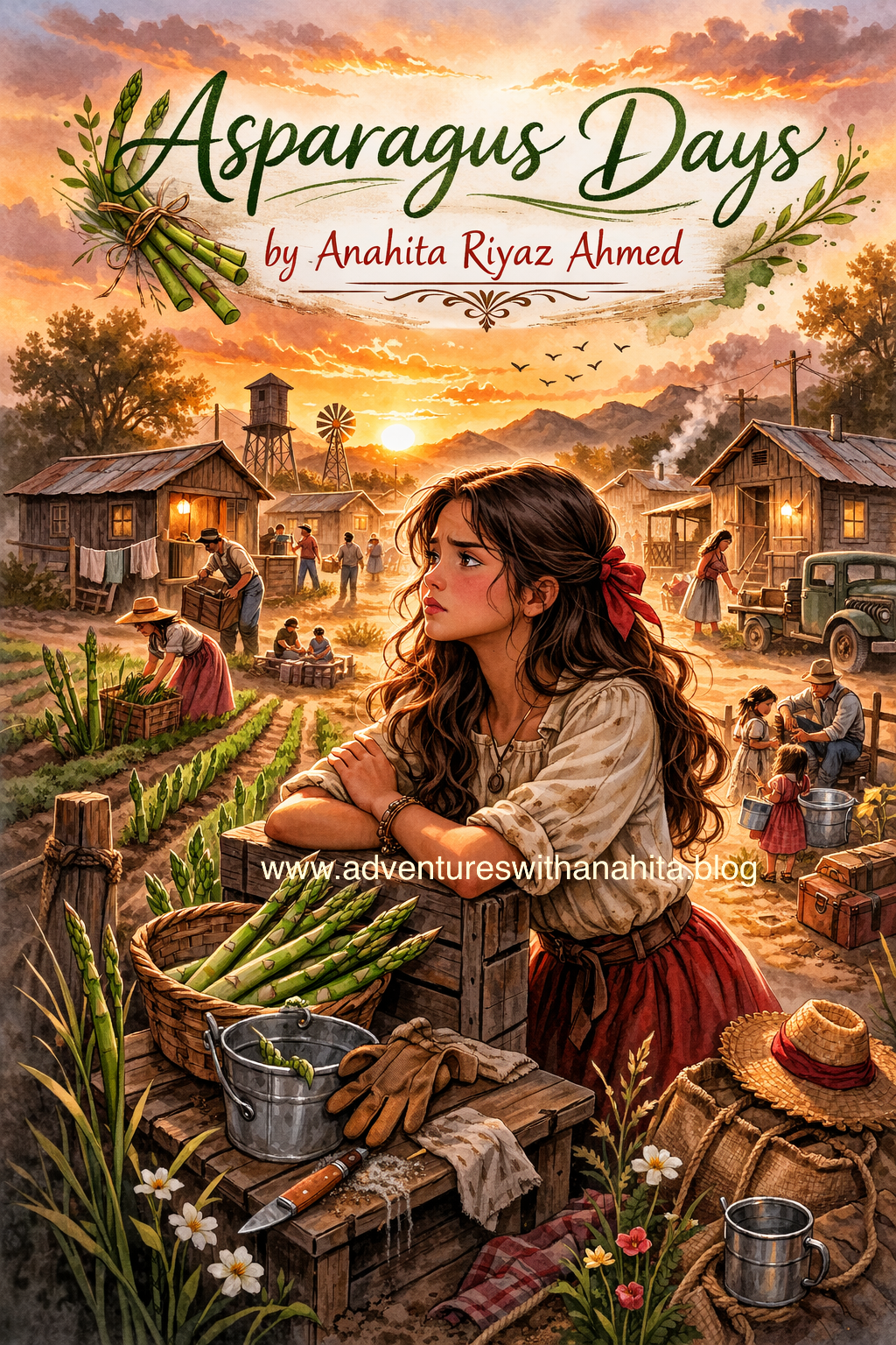 Illustration for “Asparagus Days” by Anahita Riyaz Ahmed showing a young girl in a 1930s migrant labor camp during asparagus harvest, inspired by historical fiction themes of resilience and injustice.