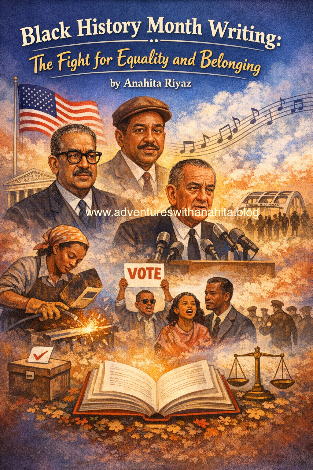 Fifth grade Black History Month essay on equality and belonging by Anahita Riyaz Ahmed, student at Questa Elementary School, analyzing I Hear America Singing, I Too, Lyndon Johnson’s Voting Rights Act speech, and Thurgood Marshall’s civil rights message.