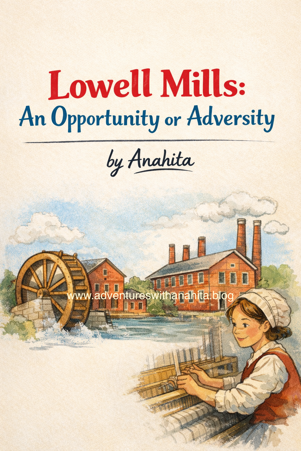 Cover page titled “Lowell Mills: An Opportunity or Adversity” by Anahita with illustration of Lowell textile mills, waterwheel, and a young mill girl working at a loom during the Industrial Revolution.
