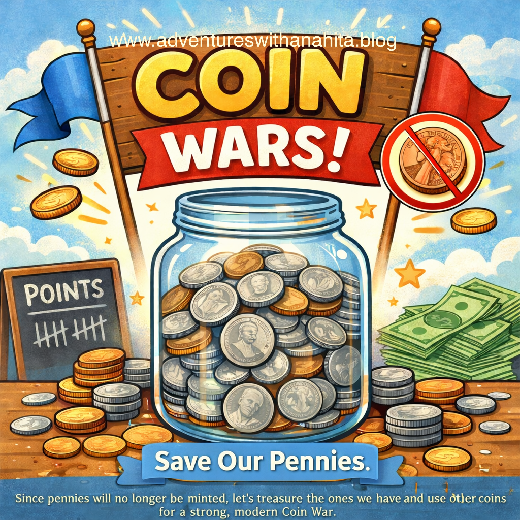 March Penny Wars school fundraiser at Questa Elementary School showing goal thermometer and grade-level coin competition, written by Anahita Riyaz Ahmed for Adventures with Anahita blog.