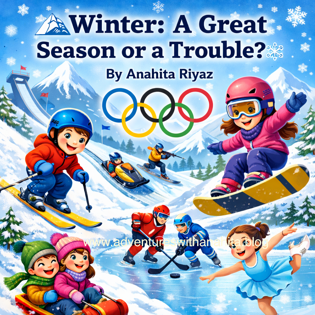 Illustration of children enjoying winter sports like skiing, snowboarding, ice skating, sledding, and ice hockey during the Winter Olympics, representing the joy of the winter season.