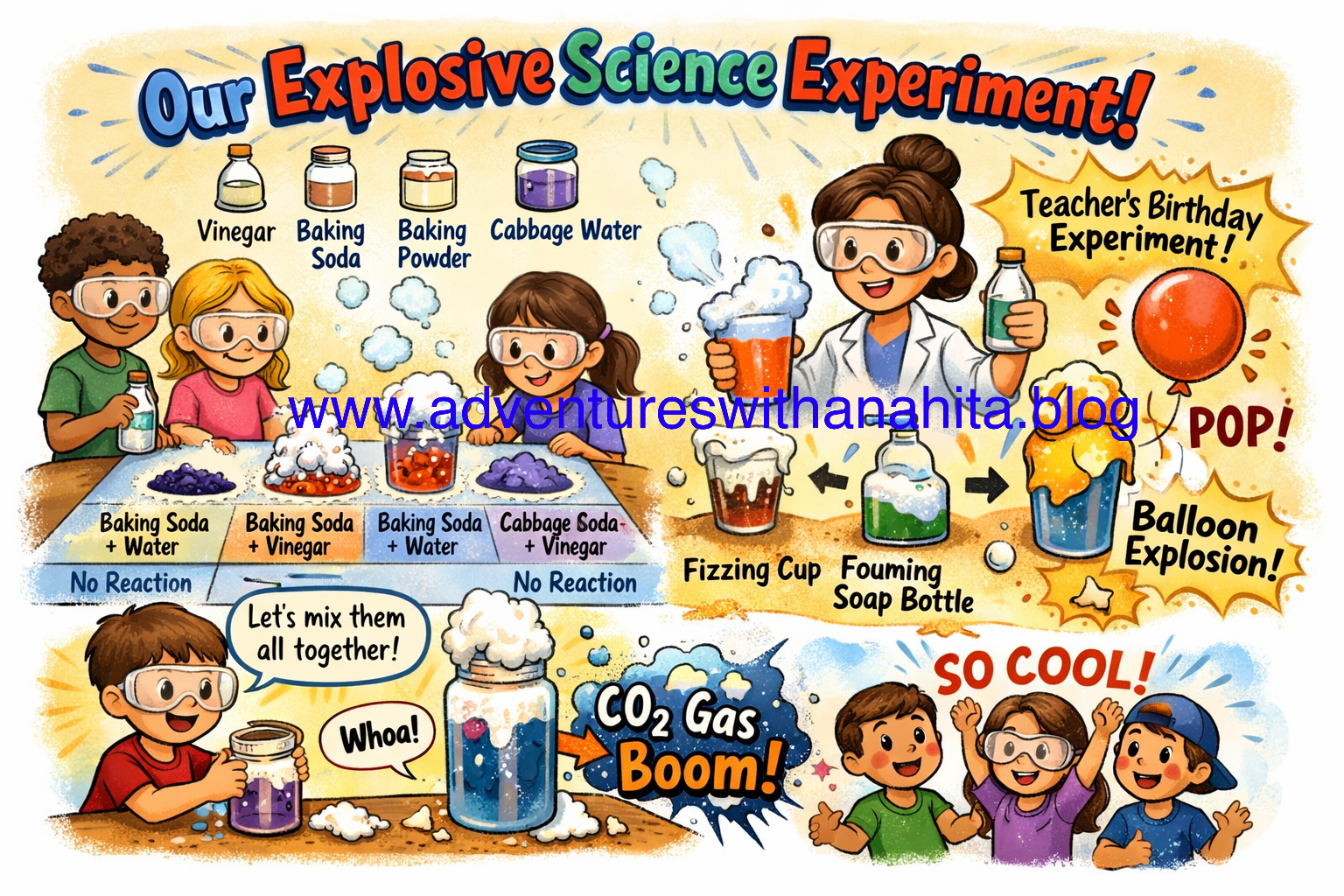 Illustration of a fifth grade classroom science experiment using vinegar, baking soda, baking powder, and cabbage water showing fizzing acid-base reactions by young author Anahita for AdventuresWithAnahita school science blog