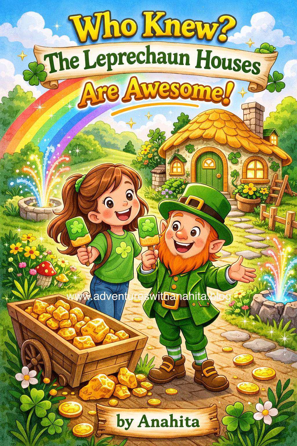 Colorful children’s book cover showing a girl and a friendly leprechaun in a magical leprechaun village with rainbow, gold nuggets, and a cozy leprechaun house — Who Knew? The Leprechaun Houses Are Awesome by Anahita, Adventures with Anahita blog.