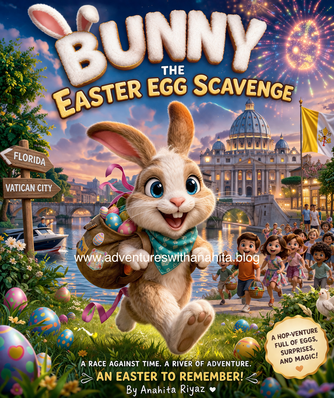 Bunny The Easter Egg Scavenge children’s story cover by Anahita Riyaz featuring a cute Easter bunny in Vatican City with colorful eggs, kids, and fireworks